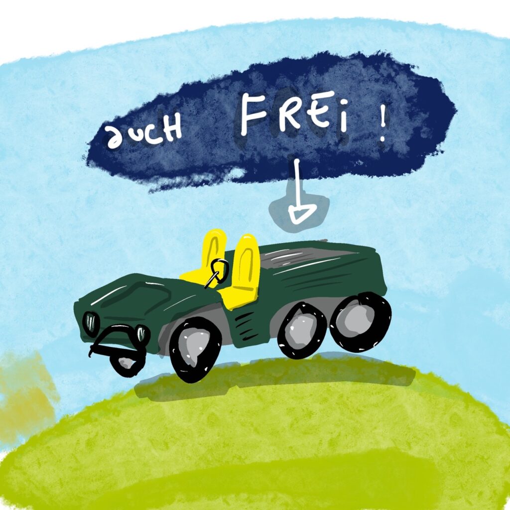 Zeichnung von einem Gator, d.h. einem offenen Fahrzeug mit Allradantrieb, Ladefläche und zwei Sitzen. Schrift dazu: "Auch frei"